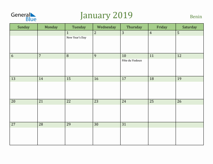 January 2019 Calendar with Benin Holidays