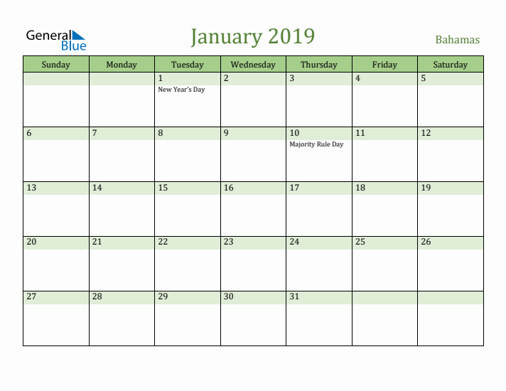 January 2019 Calendar with Bahamas Holidays