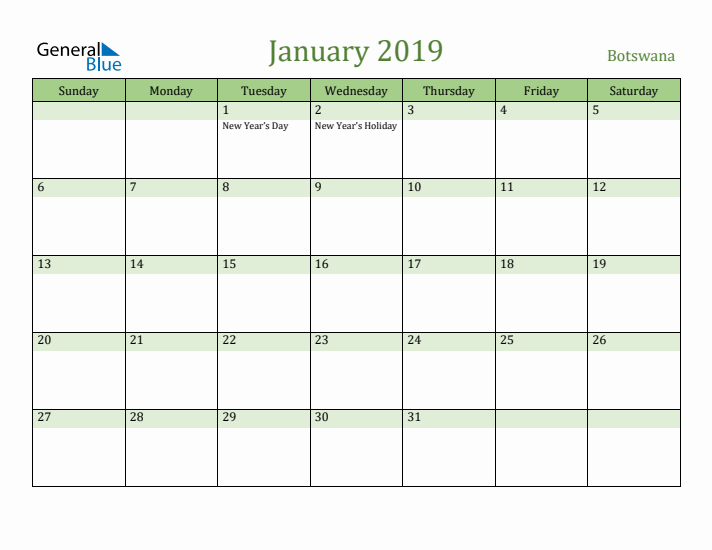 January 2019 Calendar with Botswana Holidays