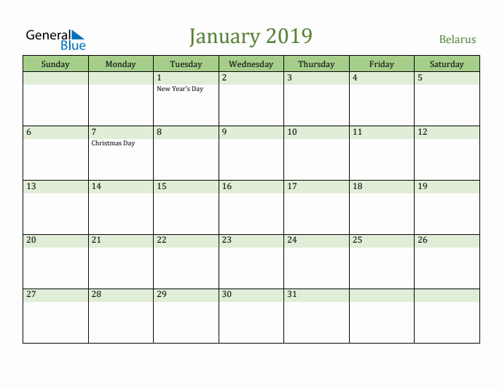 January 2019 Calendar with Belarus Holidays