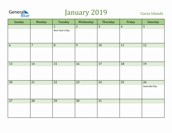 January 2019 Calendar with Cocos Islands Holidays