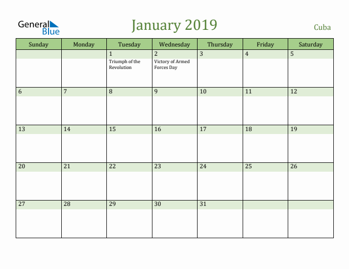 January 2019 Calendar with Cuba Holidays