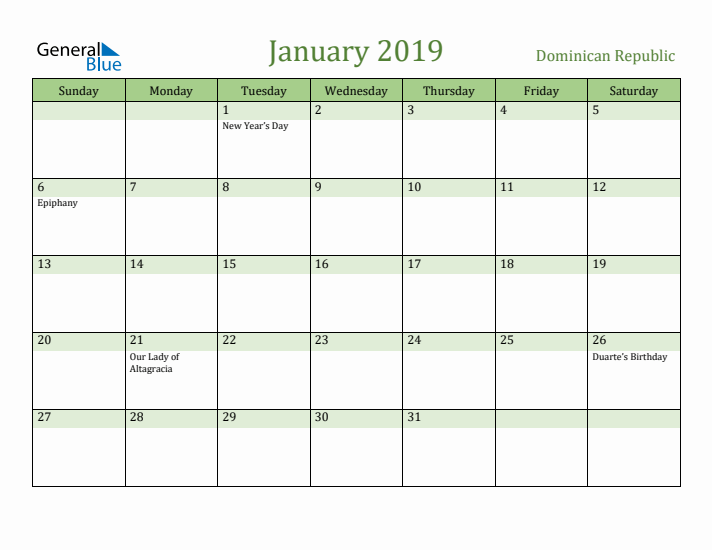 January 2019 Calendar with Dominican Republic Holidays