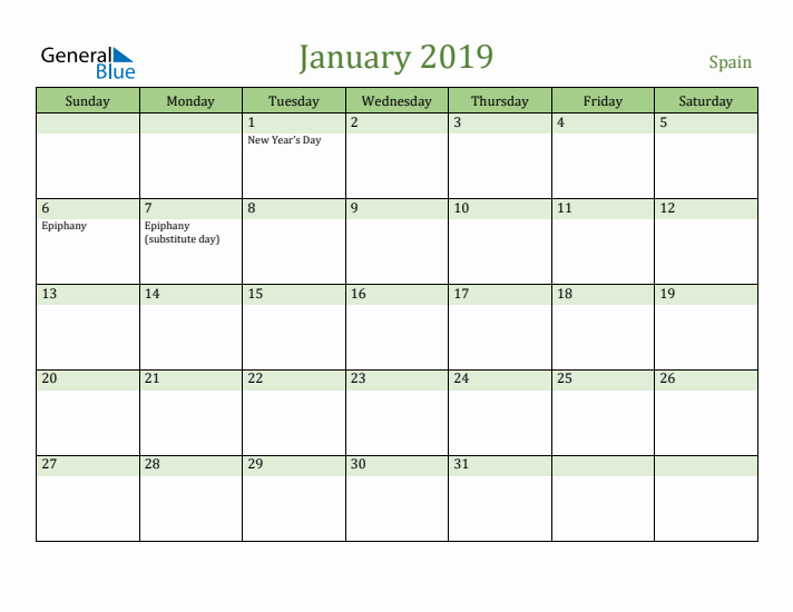 January 2019 Calendar with Spain Holidays