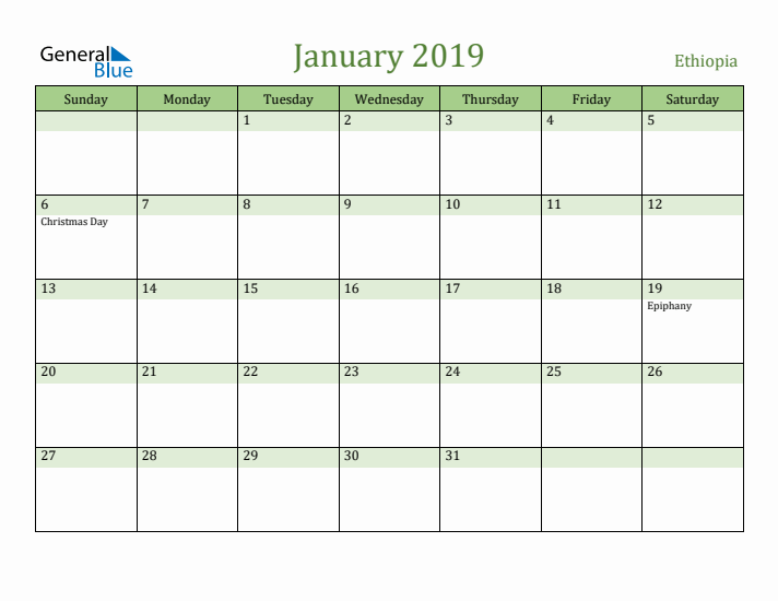 January 2019 Calendar with Ethiopia Holidays