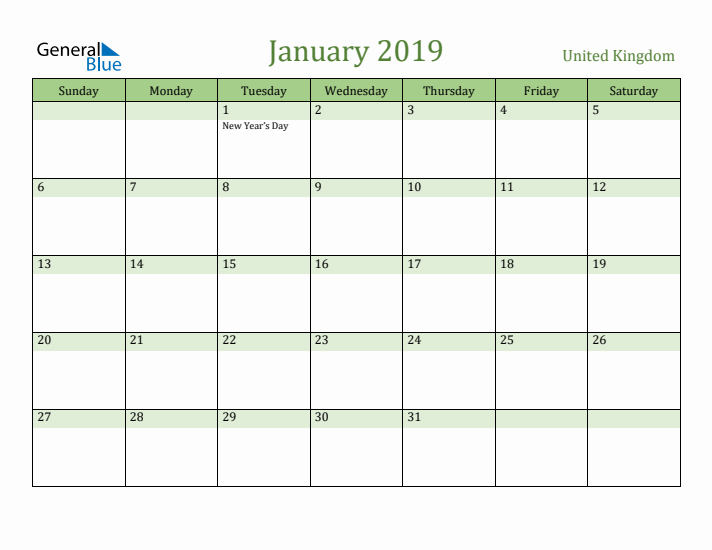 January 2019 Calendar with United Kingdom Holidays