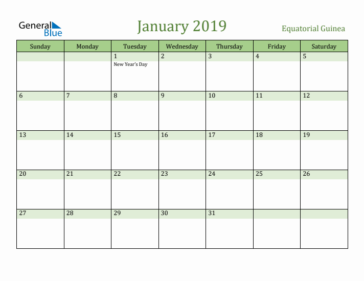 January 2019 Calendar with Equatorial Guinea Holidays