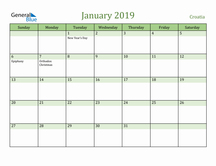 January 2019 Calendar with Croatia Holidays