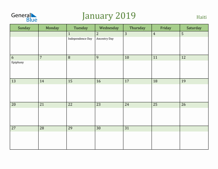 January 2019 Calendar with Haiti Holidays
