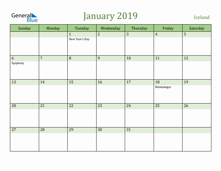 January 2019 Calendar with Iceland Holidays