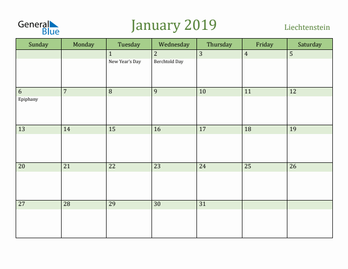 January 2019 Calendar with Liechtenstein Holidays