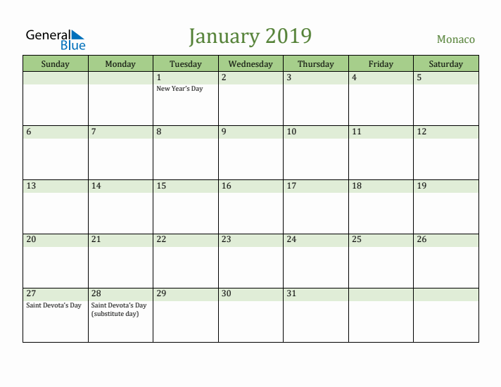 January 2019 Calendar with Monaco Holidays