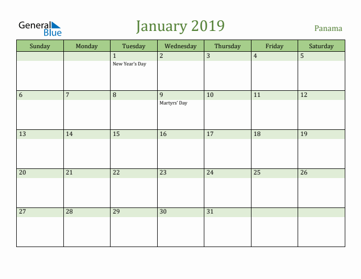 January 2019 Calendar with Panama Holidays