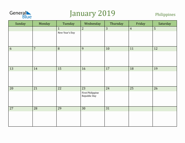 January 2019 Calendar with Philippines Holidays