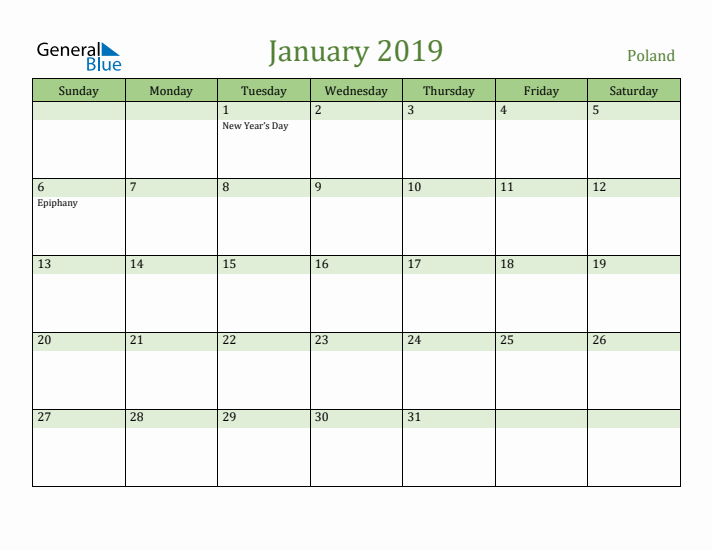 January 2019 Calendar with Poland Holidays