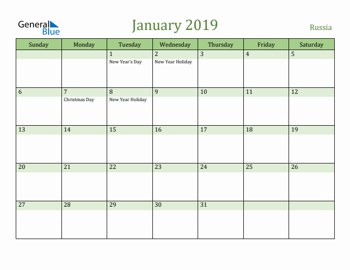 January 2019 Calendar with Russia Holidays