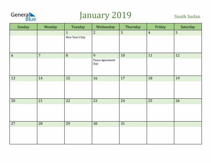 January 2019 Calendar with South Sudan Holidays