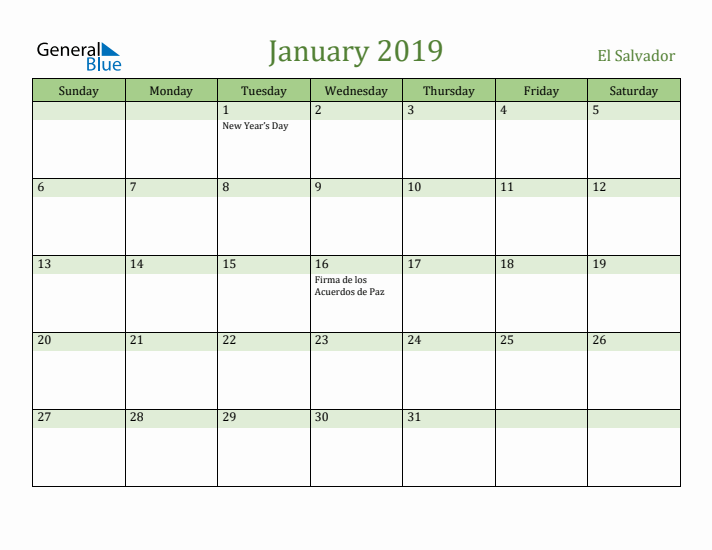 January 2019 Calendar with El Salvador Holidays