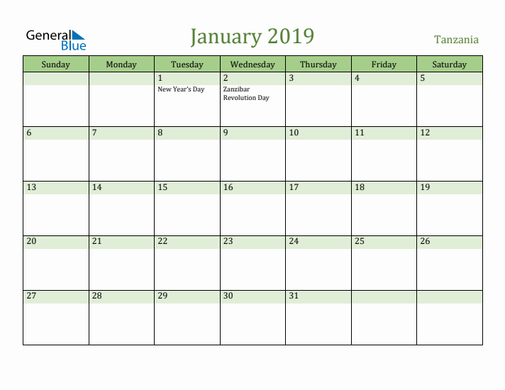 January 2019 Calendar with Tanzania Holidays
