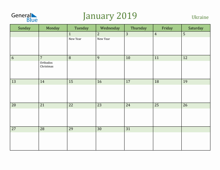 January 2019 Calendar with Ukraine Holidays