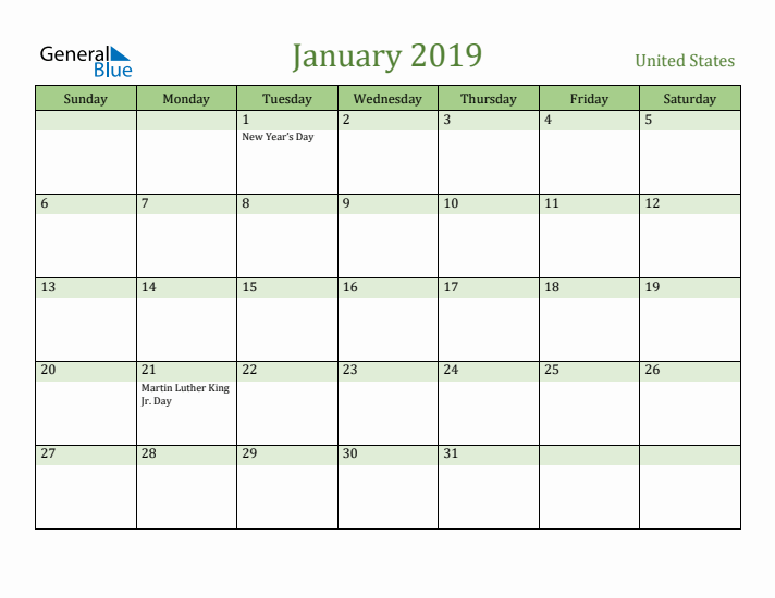 January 2019 Calendar with United States Holidays