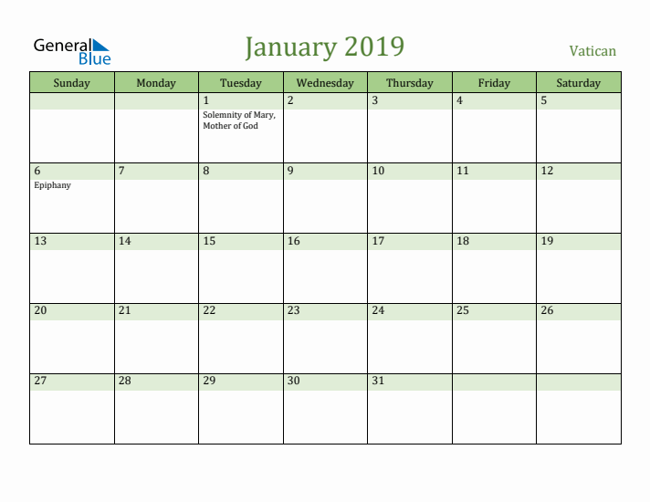 January 2019 Calendar with Vatican Holidays