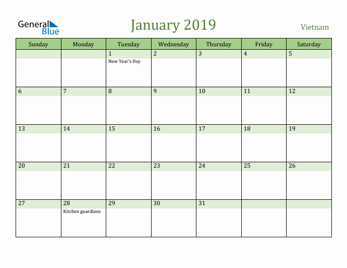 January 2019 Calendar with Vietnam Holidays