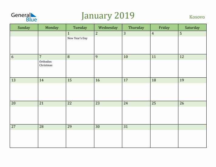 January 2019 Calendar with Kosovo Holidays