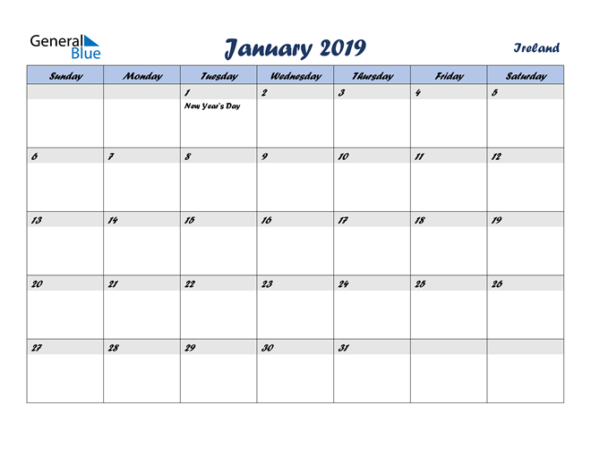 Ireland January 2019 Calendar with Holidays