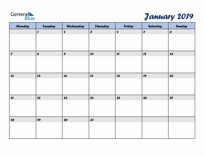 January 2019 Blue Calendar (Monday Start)