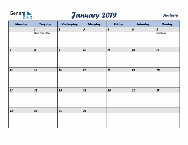 January 2019 Calendar with Holidays in Andorra