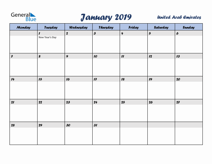 January 2019 Calendar with Holidays in United Arab Emirates