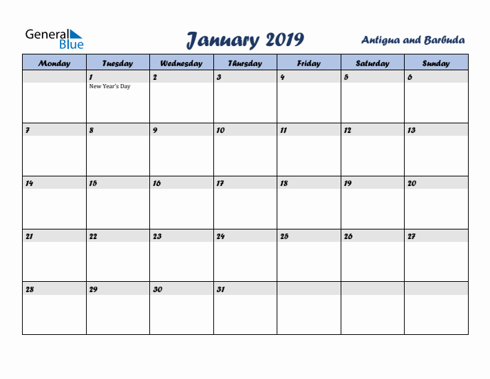 January 2019 Calendar with Holidays in Antigua and Barbuda