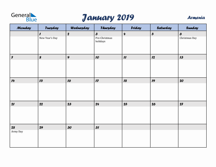 January 2019 Calendar with Holidays in Armenia