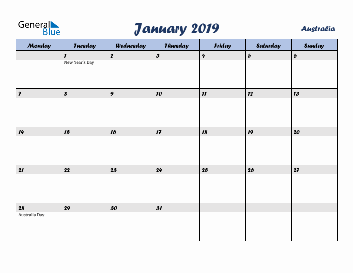 January 2019 Calendar with Holidays in Australia