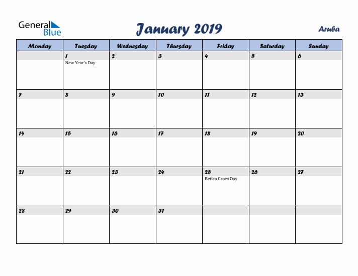 January 2019 Calendar with Holidays in Aruba