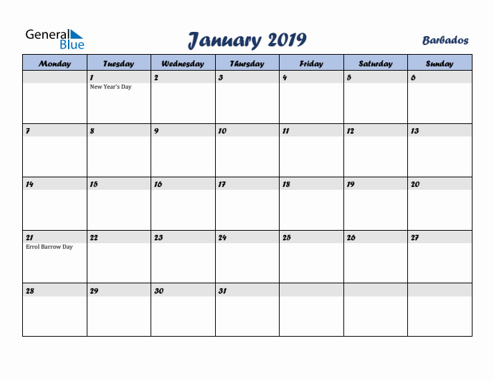 January 2019 Calendar with Holidays in Barbados