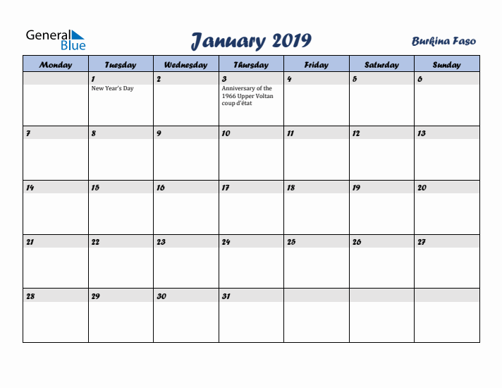 January 2019 Calendar with Holidays in Burkina Faso