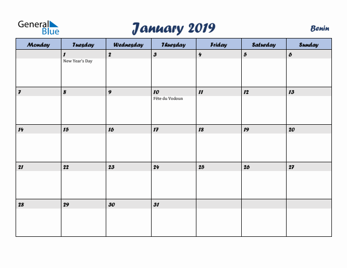 January 2019 Calendar with Holidays in Benin