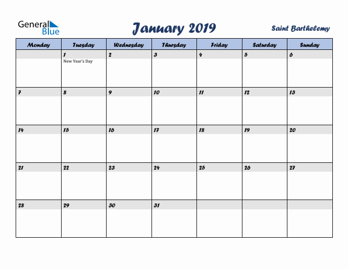 January 2019 Calendar with Holidays in Saint Barthelemy