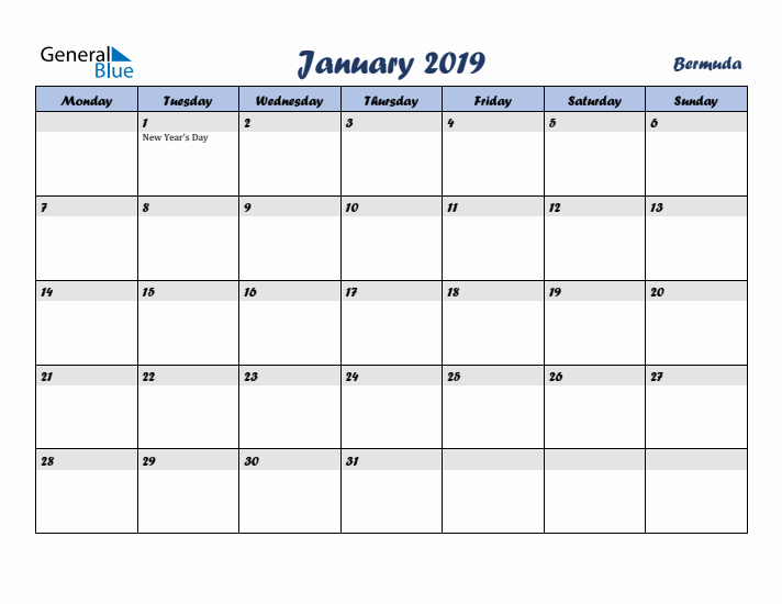 January 2019 Calendar with Holidays in Bermuda