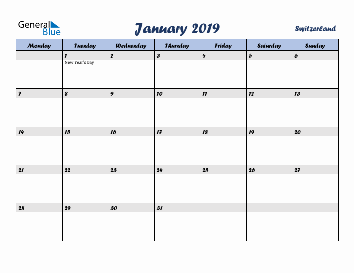 January 2019 Calendar with Holidays in Switzerland