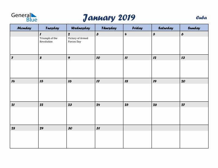 January 2019 Calendar with Holidays in Cuba