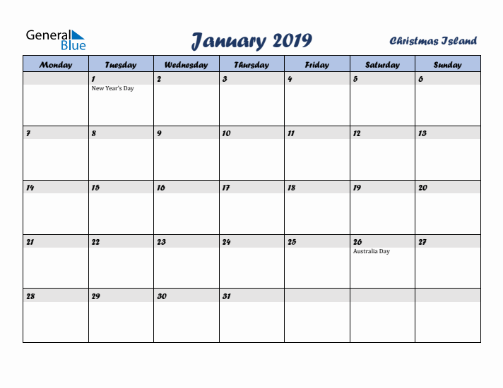 January 2019 Calendar with Holidays in Christmas Island