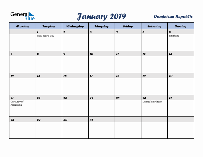 January 2019 Calendar with Holidays in Dominican Republic