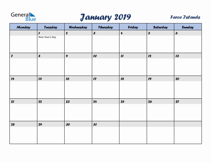 January 2019 Calendar with Holidays in Faroe Islands