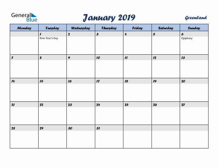 January 2019 Calendar with Holidays in Greenland