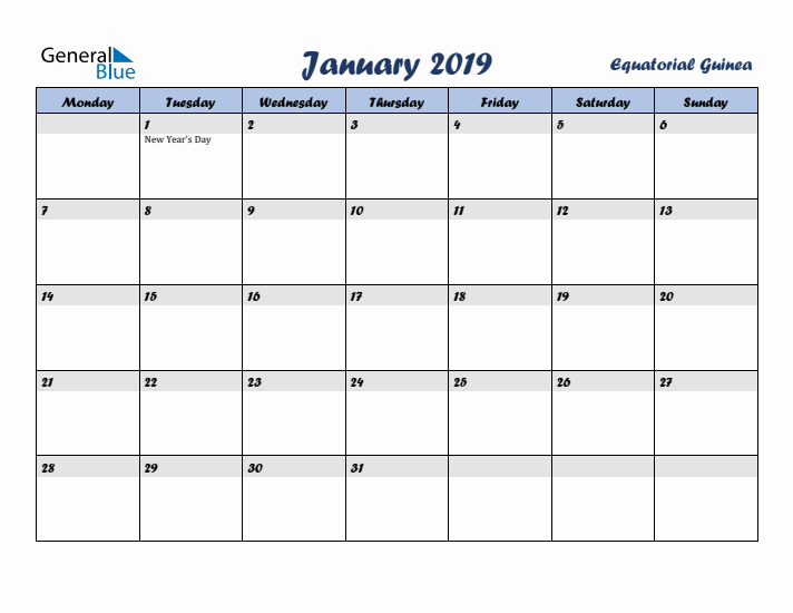 January 2019 Calendar with Holidays in Equatorial Guinea
