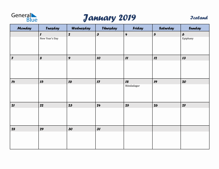 January 2019 Calendar with Holidays in Iceland