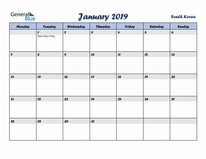January 2019 Calendar with Holidays in South Korea